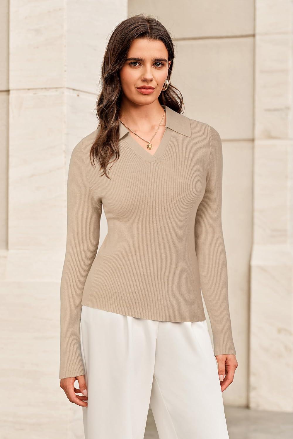 imageArachampampCloz Womens Wool Blend Polo Sweater Shirt Business Casual Slim Fitted Fall Tops 2025Apricot