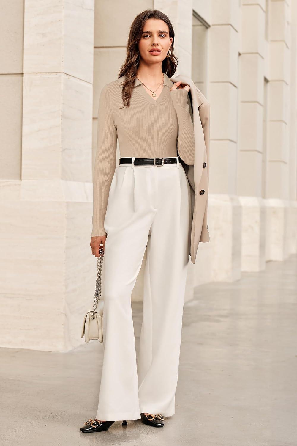 imageArachampampCloz Womens Wool Blend Polo Sweater Shirt Business Casual Slim Fitted Fall Tops 2025Apricot