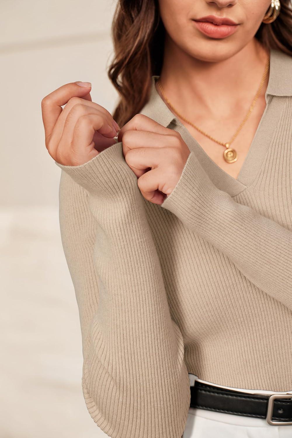 imageArachampampCloz Womens Wool Blend Polo Sweater Shirt Business Casual Slim Fitted Fall Tops 2025Apricot