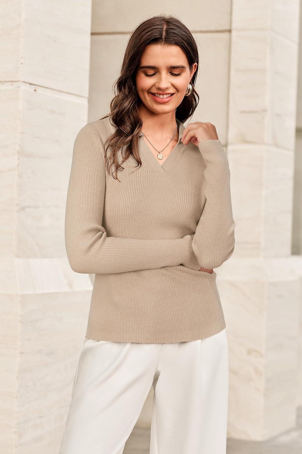 imageArachampampCloz Womens Wool Blend Polo Sweater Shirt Business Casual Slim Fitted Fall Tops 2025Apricot