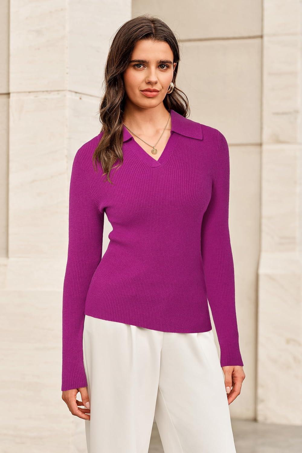 imageArachampampCloz Womens Wool Blend Polo Sweater Shirt Business Casual Slim Fitted Fall Tops 2025Rose