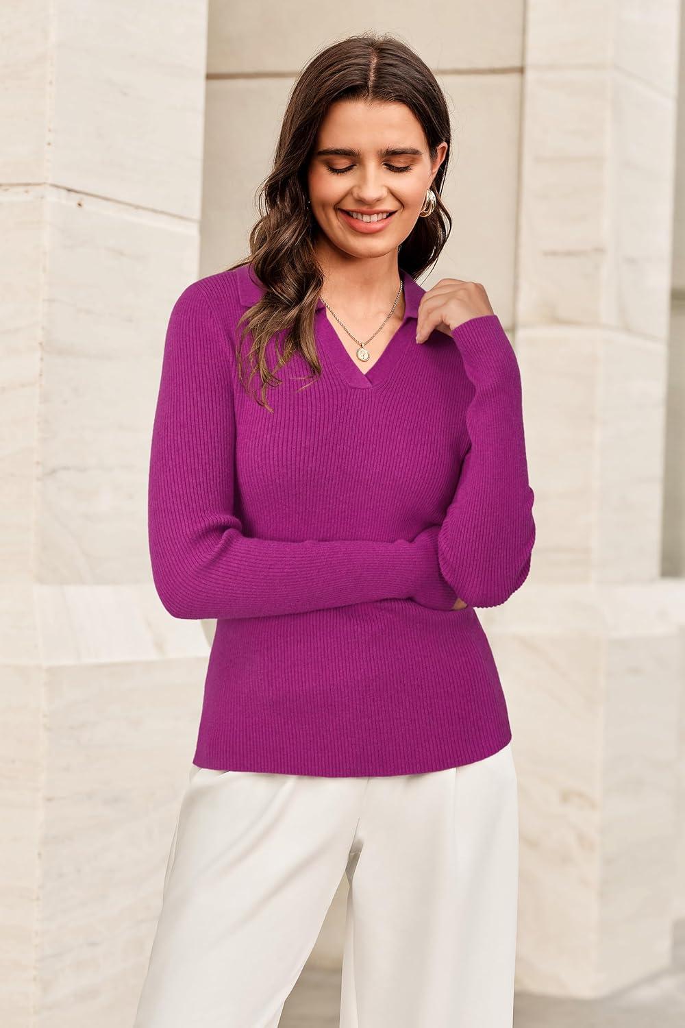 imageArachampampCloz Womens Wool Blend Polo Sweater Shirt Business Casual Slim Fitted Fall Tops 2025Rose