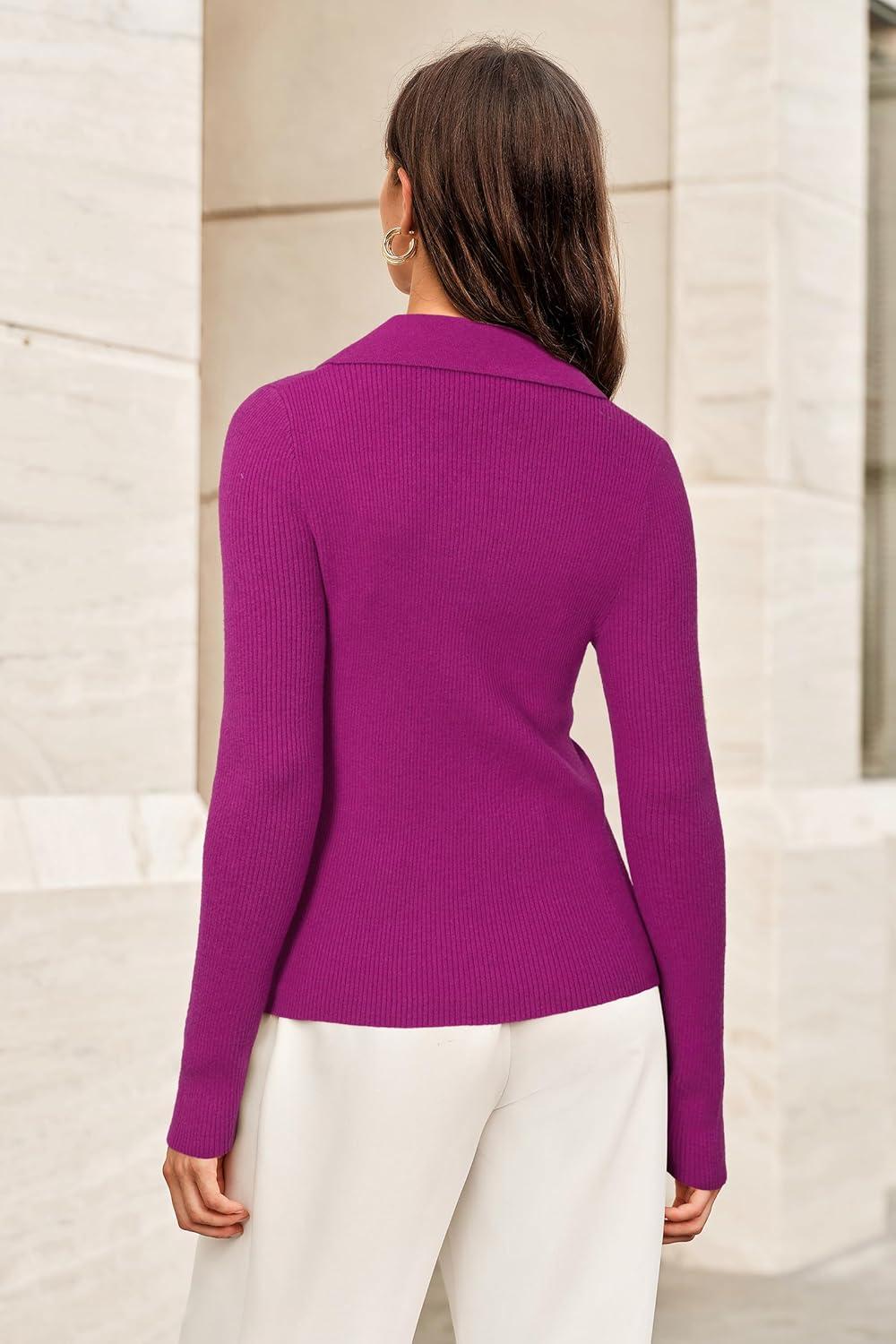 imageArachampampCloz Womens Wool Blend Polo Sweater Shirt Business Casual Slim Fitted Fall Tops 2025Rose