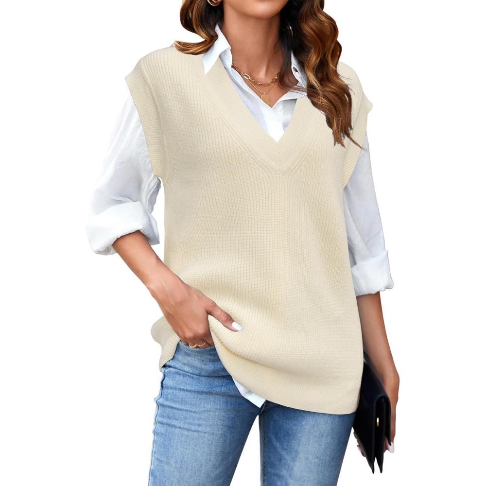 imageArachampampCloz Womens Sweater Vest 2024 Fall Winter Knitted V Neck Oversized Casual Cap Sleeve Pullover Tank TopsApricot