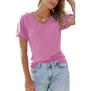 Arach&Cloz Women’s 2025 Summer Short Puff Sleeve Shirts V Neck Cute Blouses Dressy Casual Trendy Sweater Tops(Rose Red)