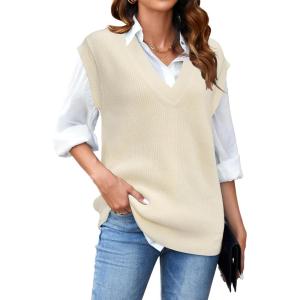 Arach&Cloz Womens Sweater Vest 2024 Fall Winter Knitted V Neck Oversized Casual Cap Sleeve Pullover Tank Tops(Apricot)