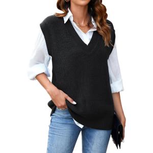 Arach&Cloz Womens Sweater Vest 2024 Fall Winter Knitted V Neck Oversized Casual Cap Sleeve Pullover Tank Tops(Black)