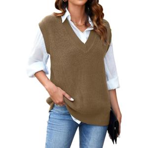 Arach&Cloz Womens Sweater Vest 2024 Fall Winter Knitted V Neck Oversized Casual Cap Sleeve Pullover Tank Tops(Camel)