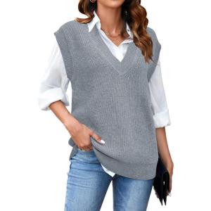 Arach&Cloz Womens Sweater Vest 2024 Fall Winter Knitted V Neck Oversized Casual Cap Sleeve Pullover Tank Tops(Grey)