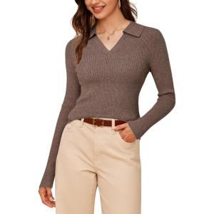 Arach&Cloz Women’s Wool Blend Polo Sweater Shirt Business Casual Slim Fitted Fall Tops 2025(Coffee)