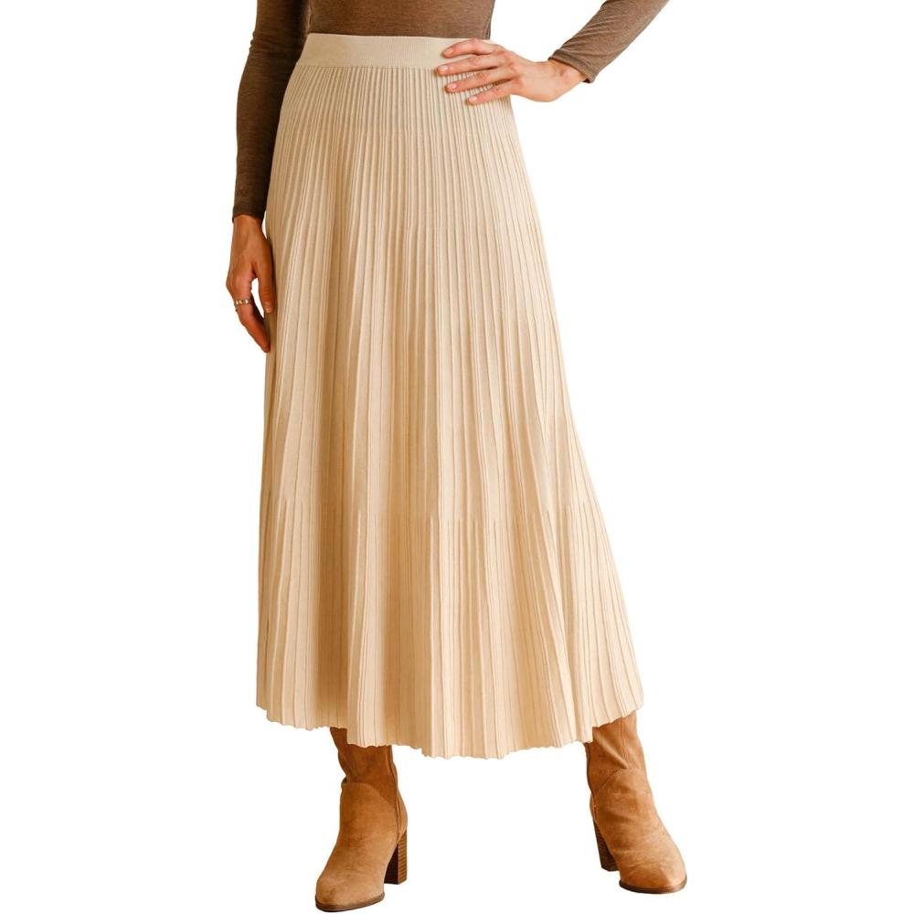 imageArachampampCloz Womens Wool Blend Wide Elastic Band ALine Pleated Flowy Long Skirts 2025Apricot