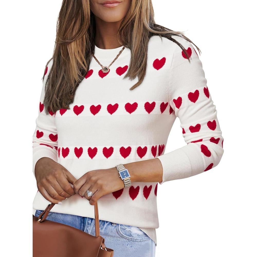 imageArachampampCloz Womens Wool Blend Classic Crew Neck Casual Fall SweatersOffwhite Red Heart
