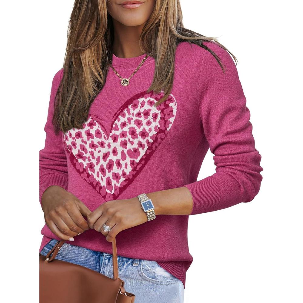 imageArachampampCloz Womens Wool Blend Classic Crew Neck Casual Fall SweatersRose Leopard Heart
