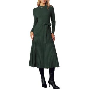 Arach&Cloz Women’s Wool Blend Mock Neck Tie Waist Fall Winter Pleated Sweater Dress 2025(Green)