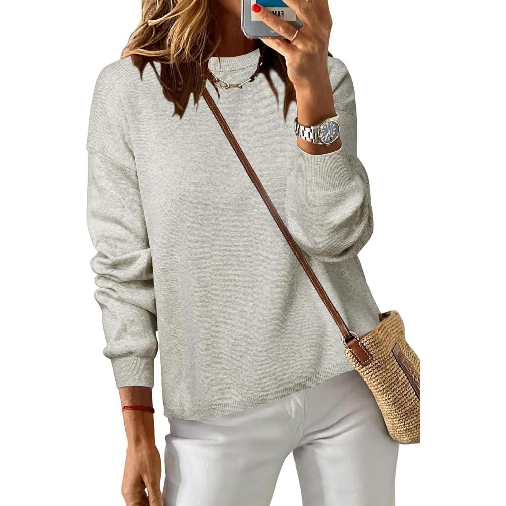 imageArachampampCloz Womens 100 Cotton Sweaters Crew Neck Winter Casual Relaxed Fit Cozy Sweatshirt Tops 2026Beige Grey Heather