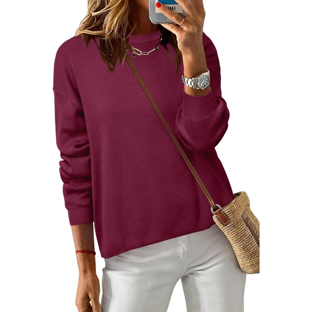imageArachampampCloz Womens 100 Cotton Sweaters Crew Neck Winter Casual Relaxed Fit Cozy Sweatshirt Tops 2026Burgundy