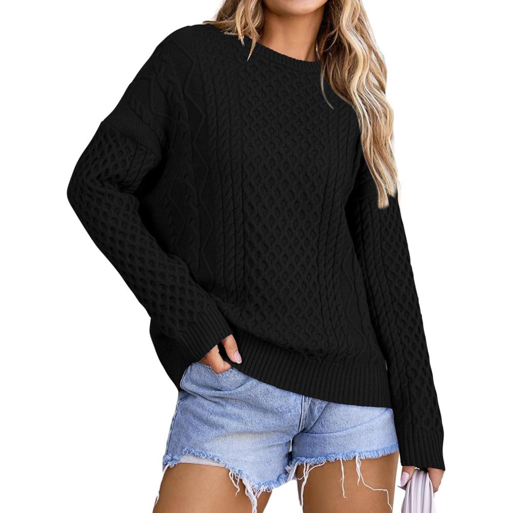 imageArachampampCloz Womens Wool Blend Cable Knit Spring Winter Chunky Oversized Sweaters 2026Black