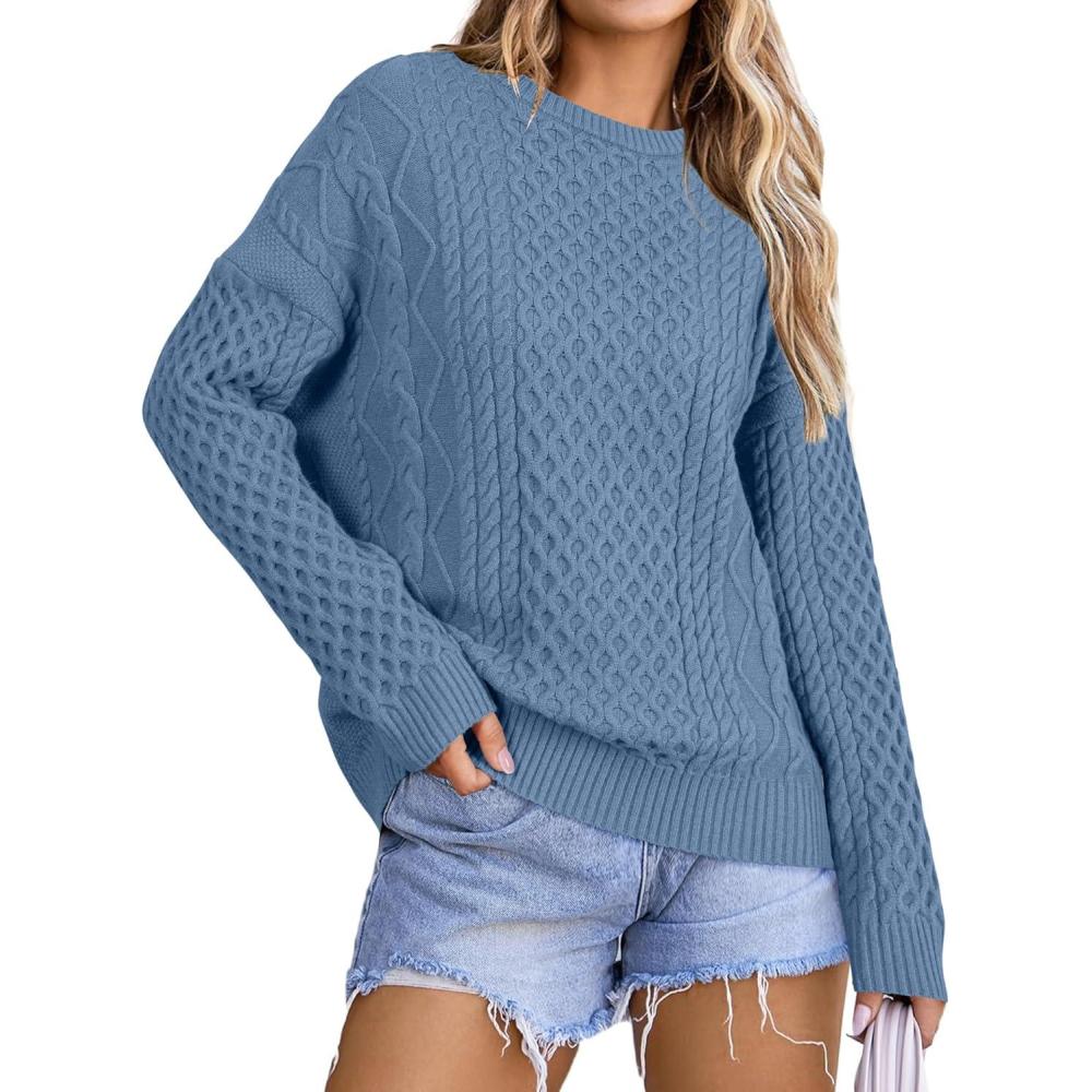 imageArachampampCloz Womens Wool Blend Cable Knit Spring Winter Chunky Oversized Sweaters 2026Blue