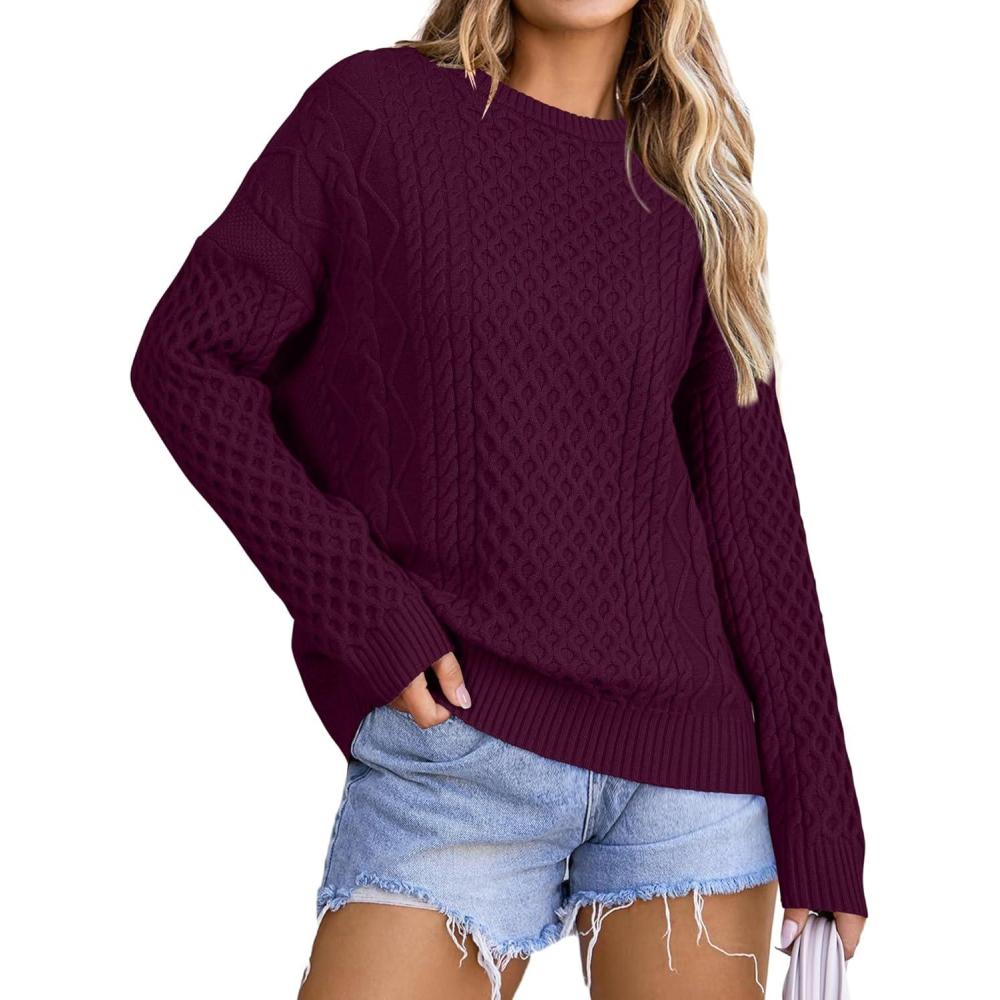 imageArachampampCloz Womens Wool Blend Cable Knit Spring Winter Chunky Oversized Sweaters 2026Burgundy Dark Red