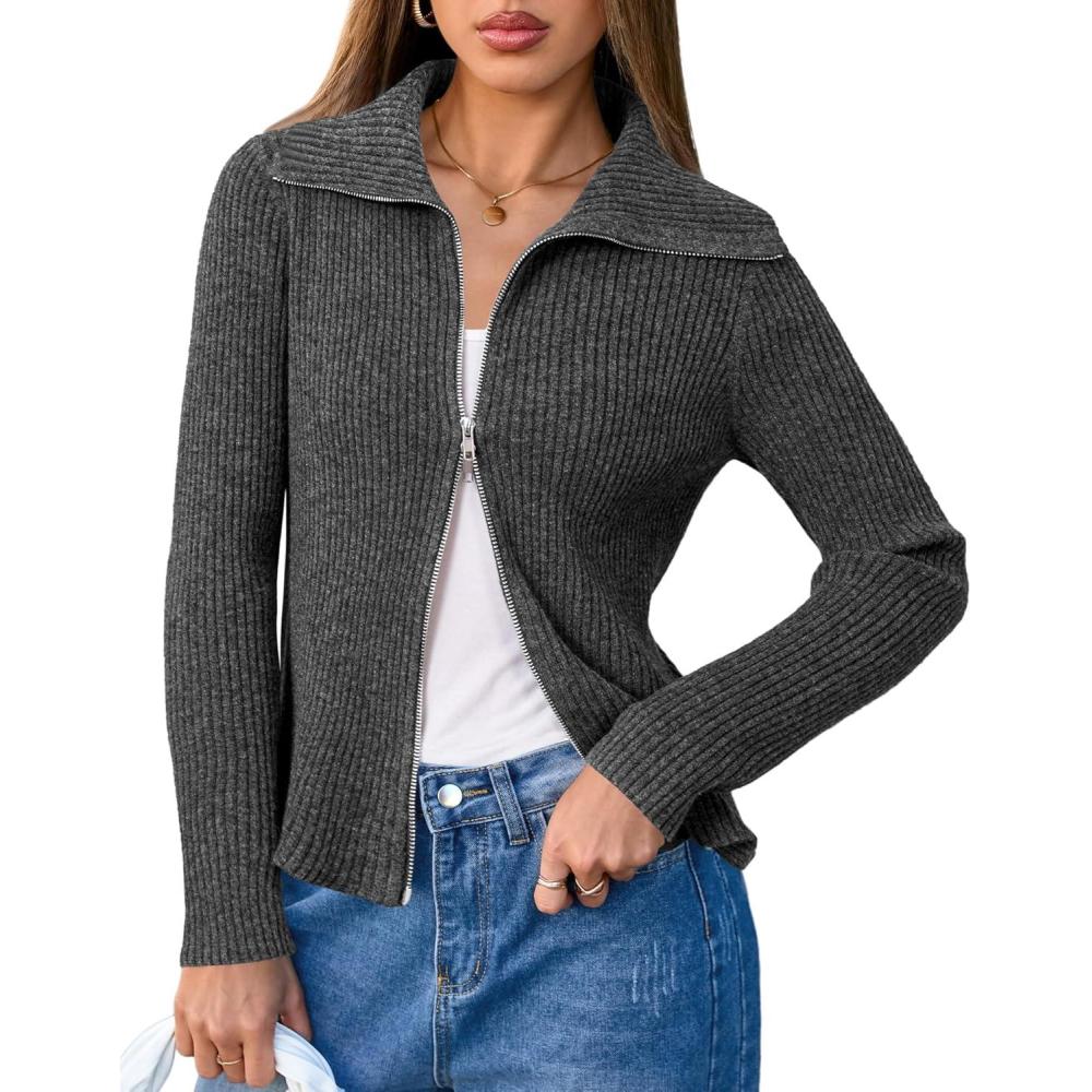 imageArachampampCloz Womens Wool Blend Fashion Zip Up Cardigan Sweater OutfitDark Gray