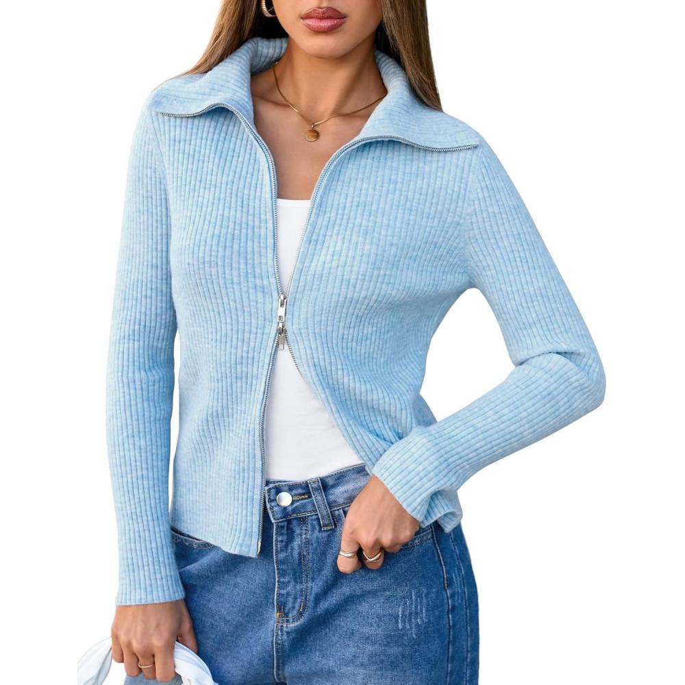 imageArachampampCloz Womens Wool Blend Fashion Zip Up Cardigan Sweater OutfitPale Blue