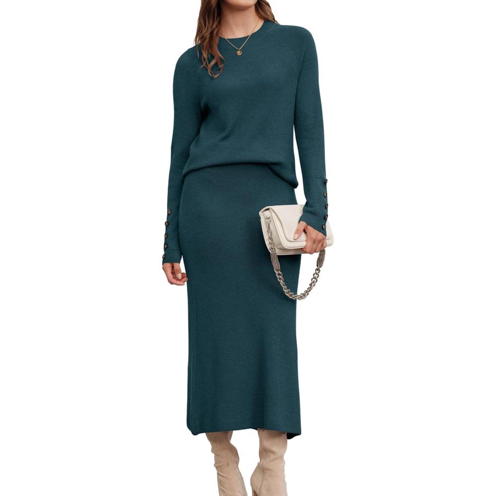 imageArachampampCloz Womens Wool Blend Sweater 2 Piece Sets Business Lounge Long Sleeve Top Midi Dress OutfitsBluish Green