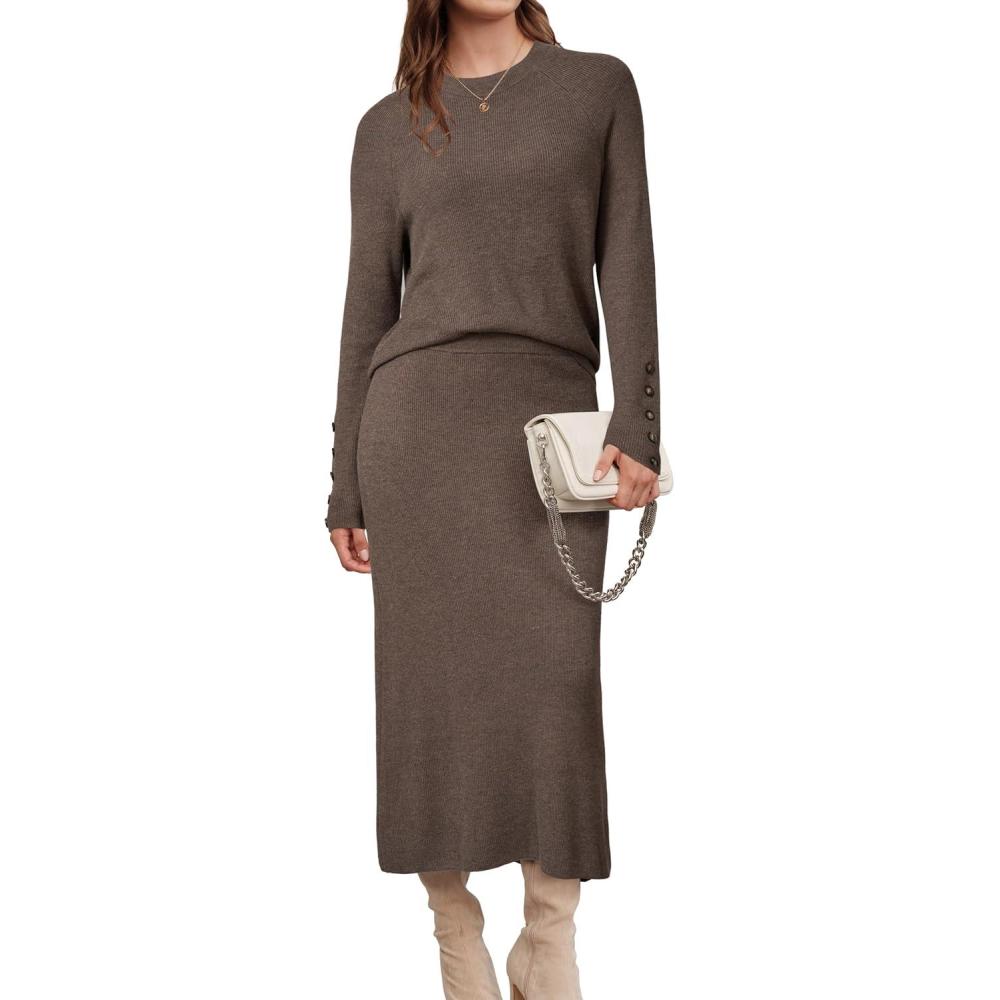 imageArachampampCloz Womens Wool Blend Sweater 2 Piece Sets Business Lounge Long Sleeve Top Midi Dress OutfitsCoffee