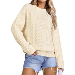 Arach&Cloz Women’s Wool Blend Cable Knit Spring Winter Chunky Oversized Sweaters 2026(Beige Cream)
