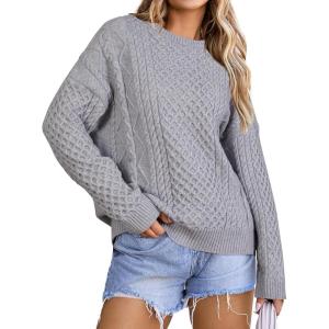 Arach&Cloz Women’s Wool Blend Cable Knit Spring Winter Chunky Oversized Sweaters 2026(Light Grey)