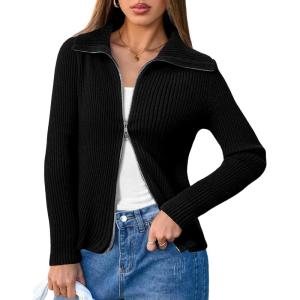 Arach&Cloz Women’s Wool Blend Fashion Zip Up Cardigan Sweater Outfit(Black)