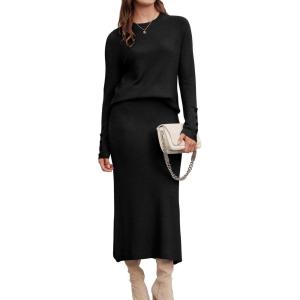 Arach&Cloz Women’s Wool Blend Sweater 2 Piece Sets Business Lounge Long Sleeve Top Midi Dress Outfits(Black)
