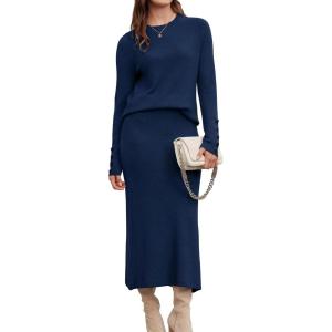 Arach&Cloz Women’s Wool Blend Sweater 2 Piece Sets Business Lounge Long Sleeve Top Midi Dress Outfits(Navy)