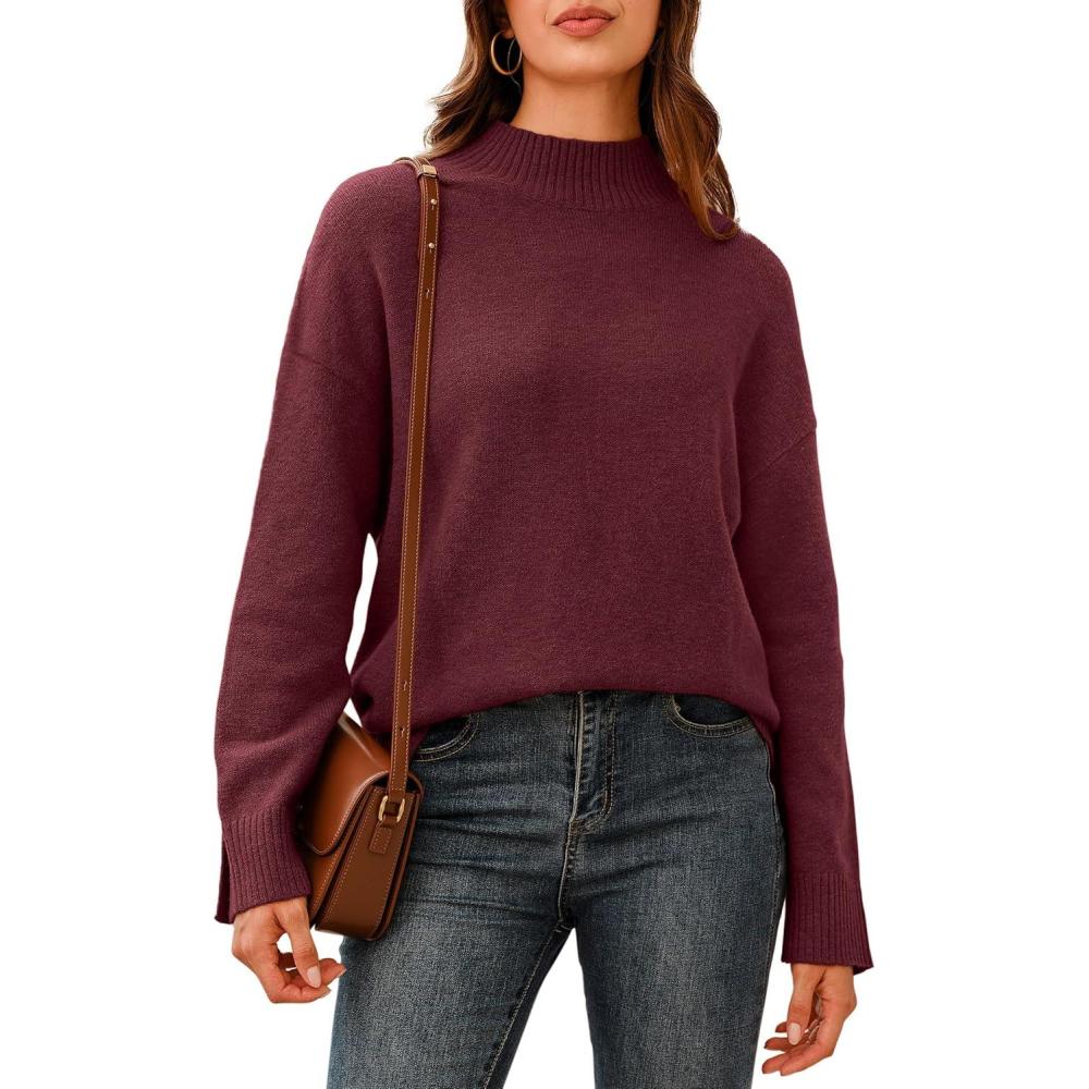 imageArachampampCloz Womens Wool Blend Soft Mock Neck Casual Oversized Fall SweaterWine Red