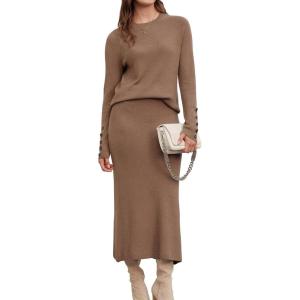 Arach&Cloz Women’s Wool Blend Sweater 2 Piece Sets Business Lounge Long Sleeve Top Midi Dress Outfits(Brown)