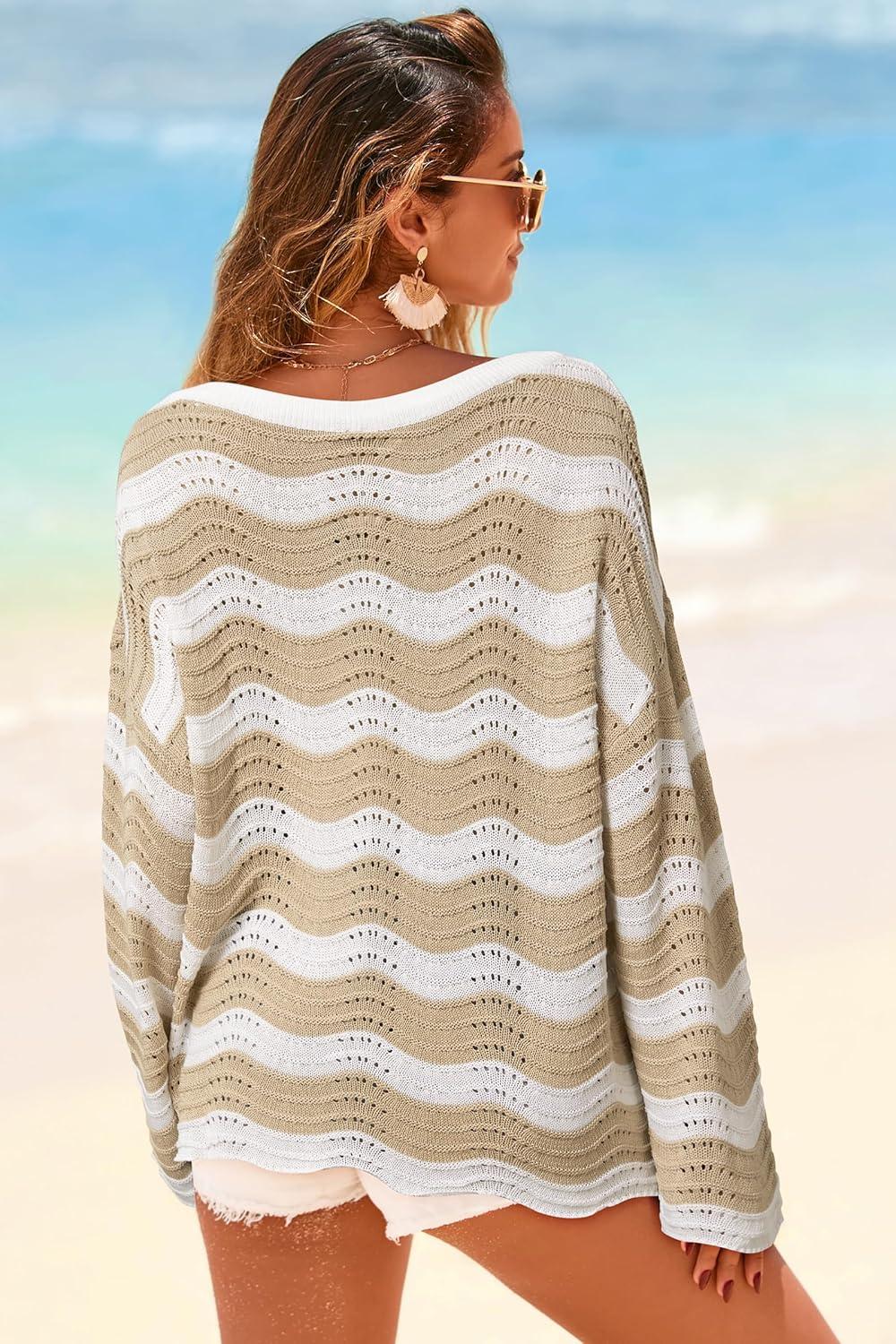 image:imageArachampCloz Womens Linen Blend Crochet Bell Sleeve Beach Vacation Striped Tops 2026Apricot Stripe
