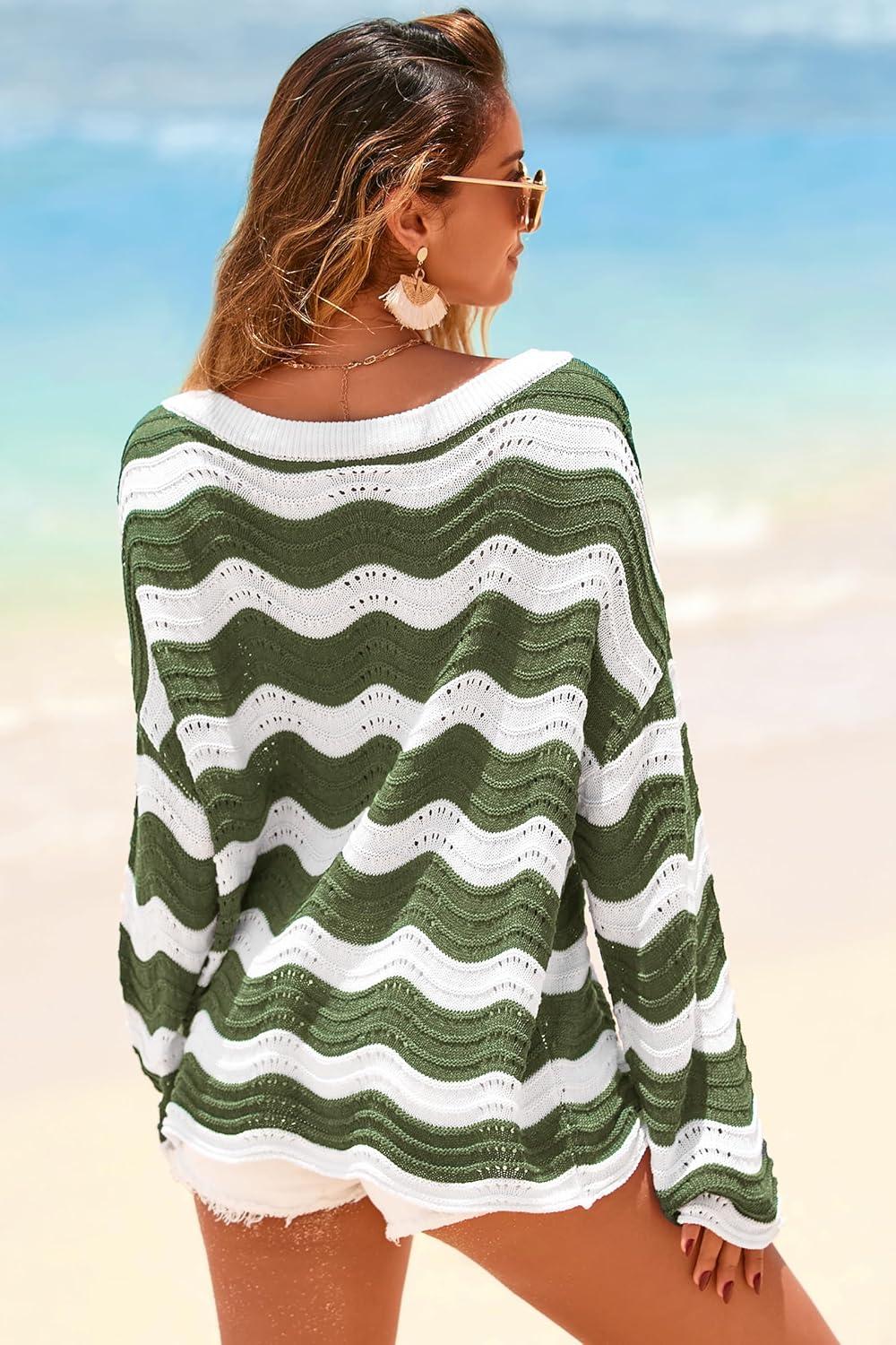 image:imageArachampCloz Womens Linen Blend Crochet Bell Sleeve Beach Vacation Striped Tops 2026Army Green Stripe