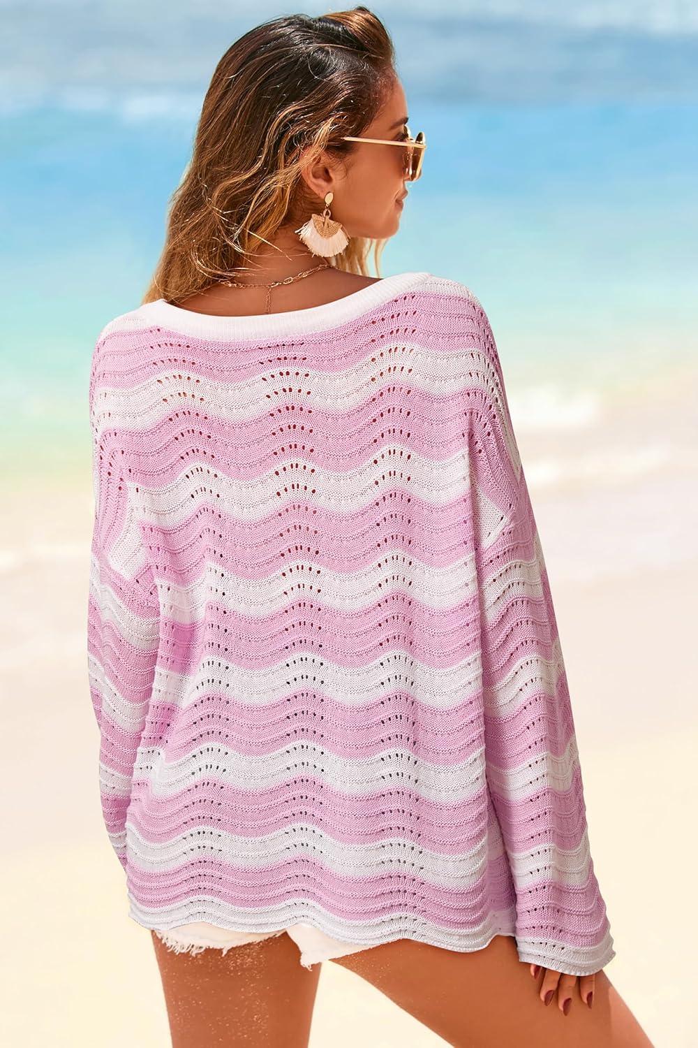 image:imageArachampCloz Womens Linen Blend Crochet Bell Sleeve Beach Vacation Striped Tops 2026Pink Stripe