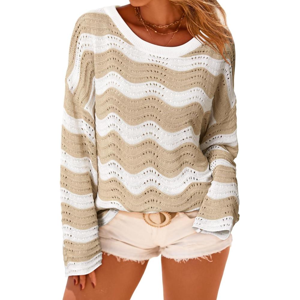 image:imageArachampCloz Womens Linen Blend Crochet Bell Sleeve Beach Vacation Striped Tops 2026Apricot Stripe