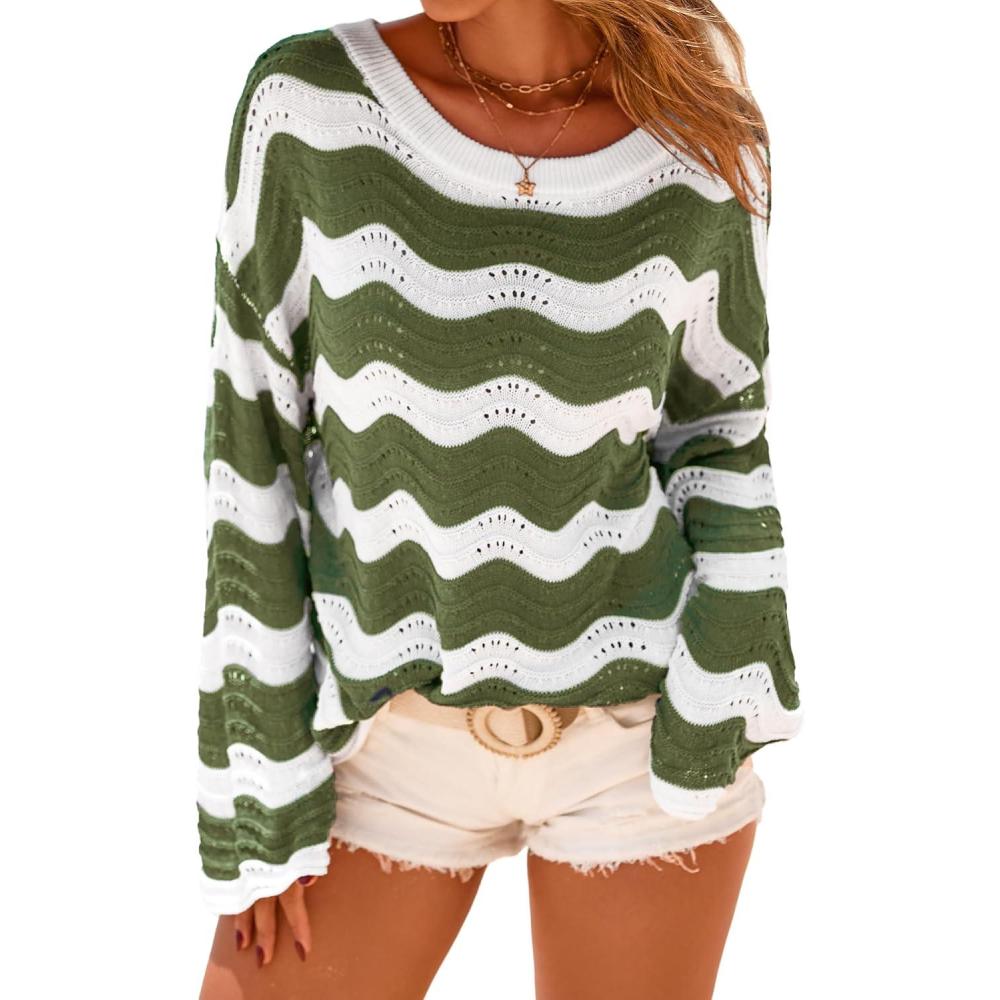 image:imageArachampCloz Womens Linen Blend Crochet Bell Sleeve Beach Vacation Striped Tops 2026Army Green Stripe