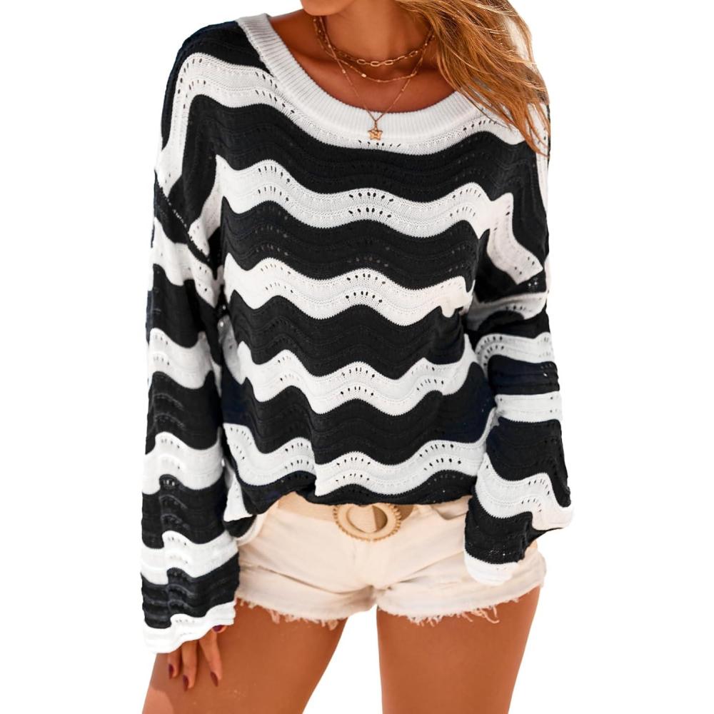 image:imageArachampCloz Womens Linen Blend Crochet Bell Sleeve Beach Vacation Striped Tops 2026Black Stripe