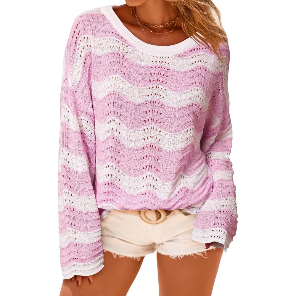 image:imageArachampCloz Womens Linen Blend Crochet Bell Sleeve Beach Vacation Striped Tops 2026Pink Stripe