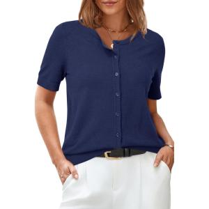 Arach&Cloz Women’s Lightweight Short Sleeve Business Casual Cropped Cardigan Tops(Light Navy)