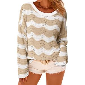Arach&Cloz Women’s Linen Blend Crochet Bell Sleeve Beach Vacation Striped Tops 2026(Apricot Stripe)