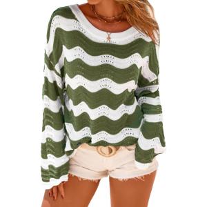 Arach&Cloz Women’s Linen Blend Crochet Bell Sleeve Beach Vacation Striped Tops 2026(Army Green Stripe)