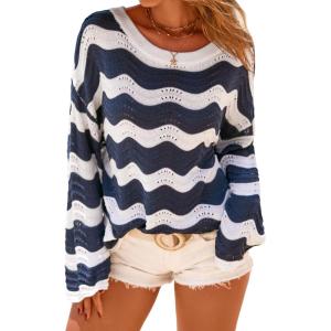 Arach&Cloz Women’s Linen Blend Crochet Bell Sleeve Beach Vacation Striped Tops 2026(Navy Stripe)