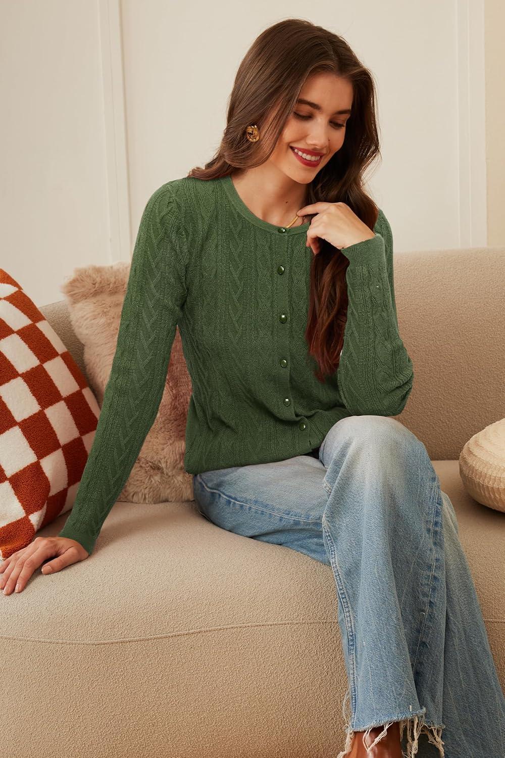 image:imageArachampCloz Womens Cable Knit Fall Soft Lightweight Sweater Cardigans 2025Army Green
