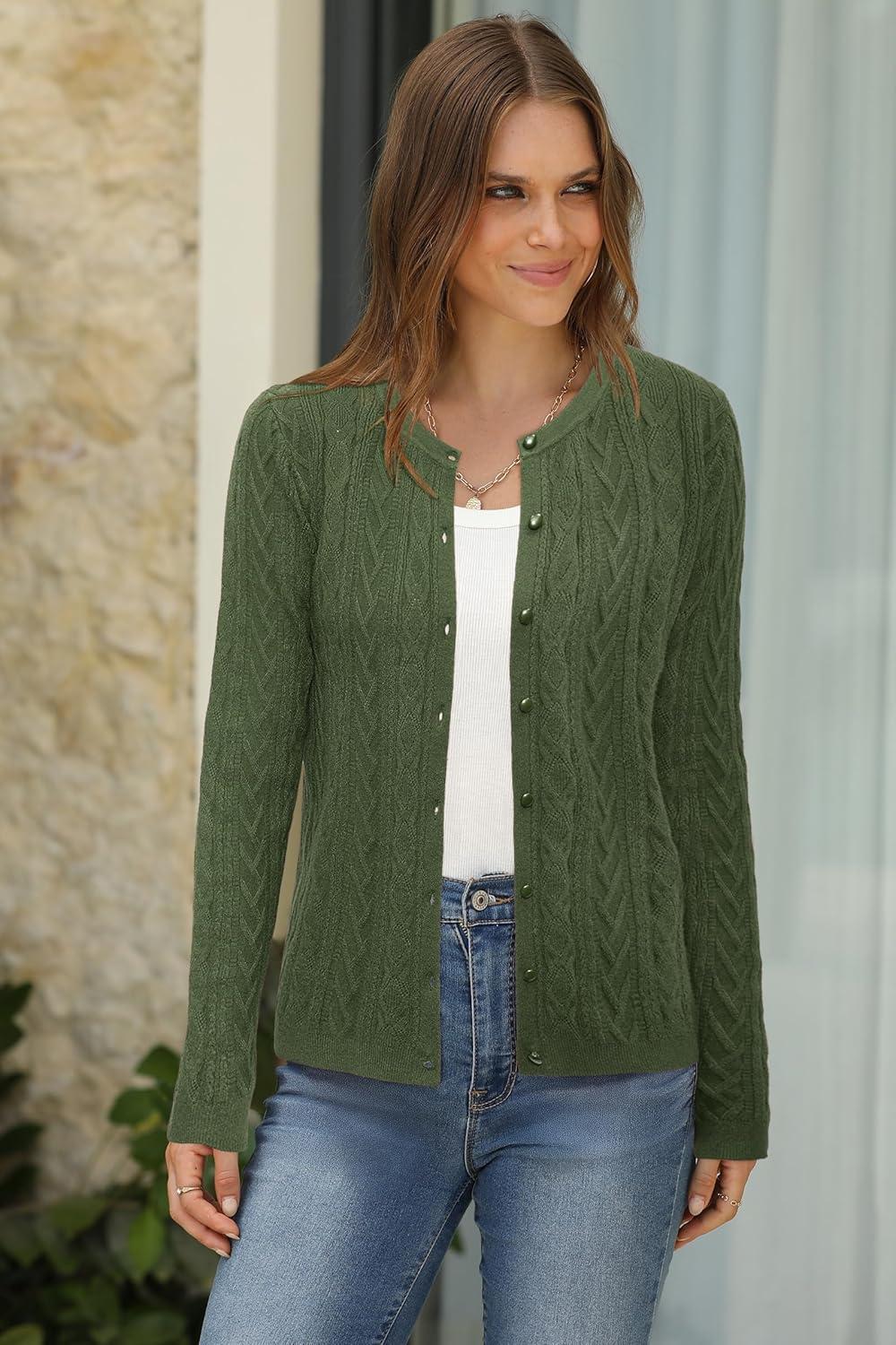 image:imageArachampCloz Womens Cable Knit Fall Soft Lightweight Sweater Cardigans 2025Army Green