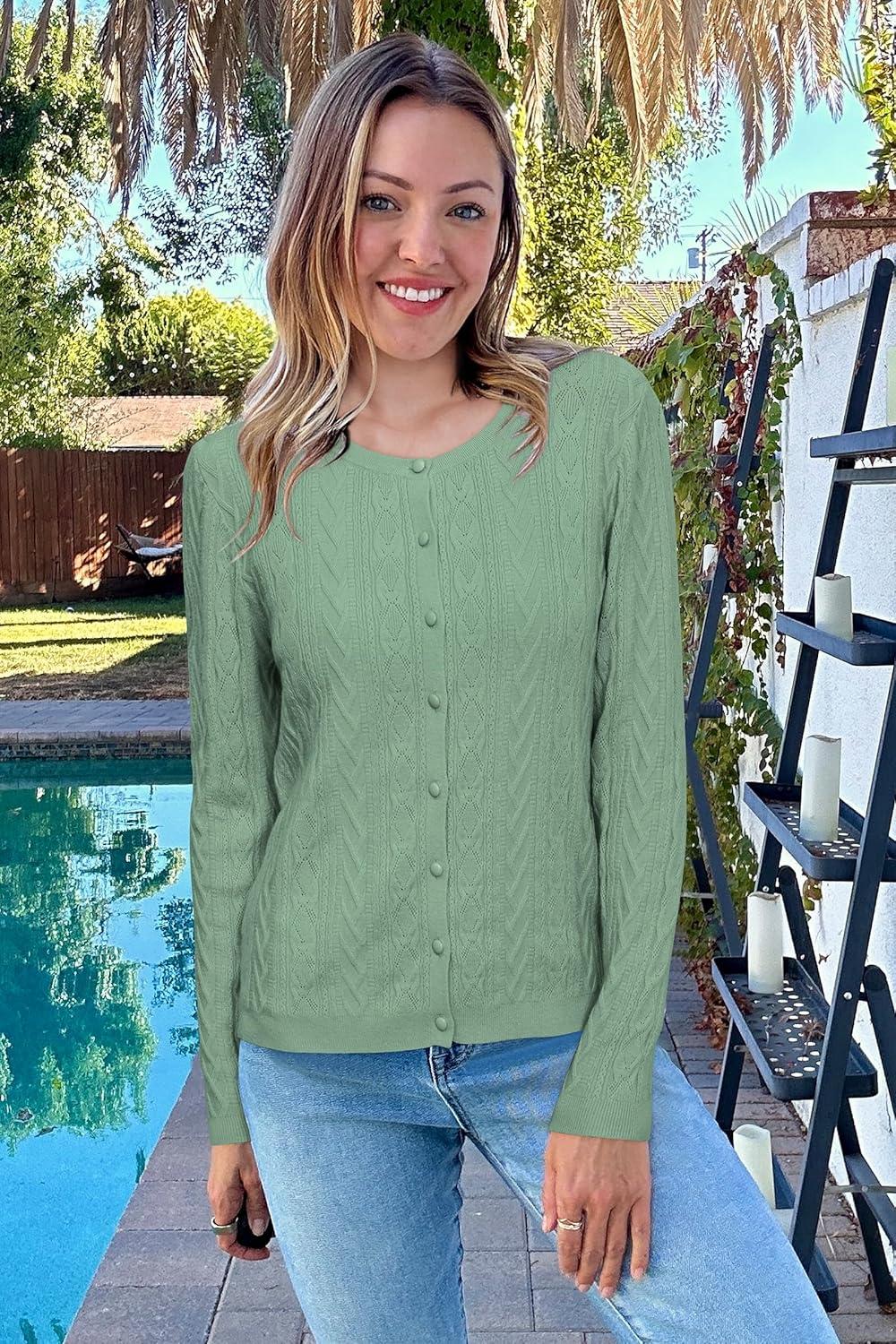 image:imageArachampCloz Womens Cable Knit Fall Soft Lightweight Sweater Cardigans 2025Gray Green