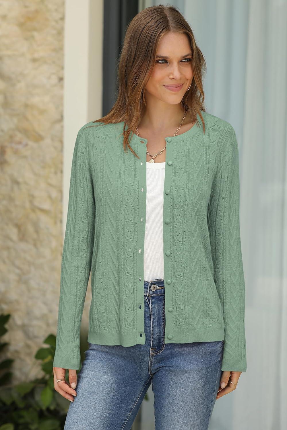 image:imageArachampCloz Womens Cable Knit Fall Soft Lightweight Sweater Cardigans 2025Gray Green