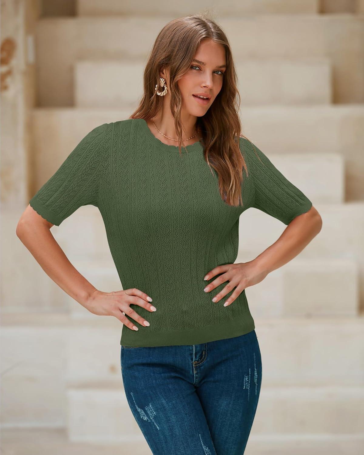 image:imageArachampCloz Womens Spring Summer Scalloped Short Sleeve Tops Textured ShirtsArmy Green